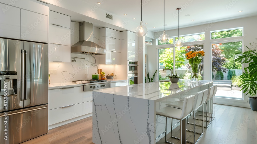 A contemporary kitchen with glossy white cabinets, stainless steel appliances, and a marble waterfall island, accented by vibrant greenery and pendant lights overhead.