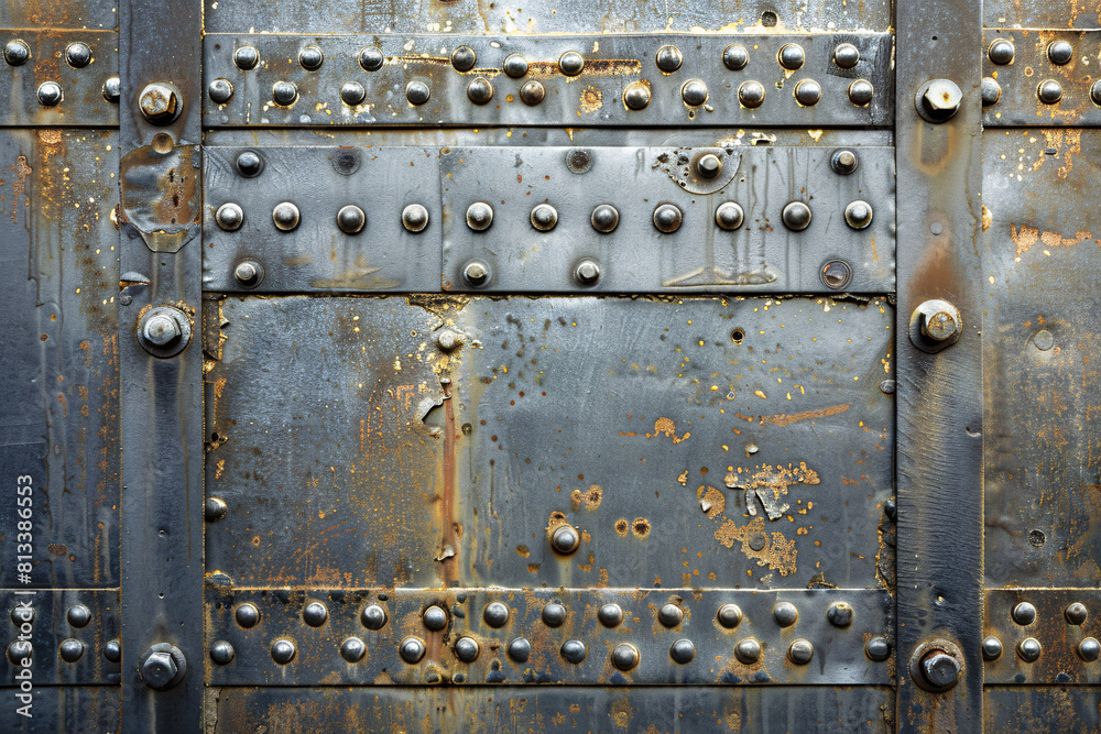 Rusty metal door with rivets, textured pattern, grunge design, wooden frame, old architecture Rusty metal door with rivets, textured pattern, grunge design, wooden frame, old architecture
