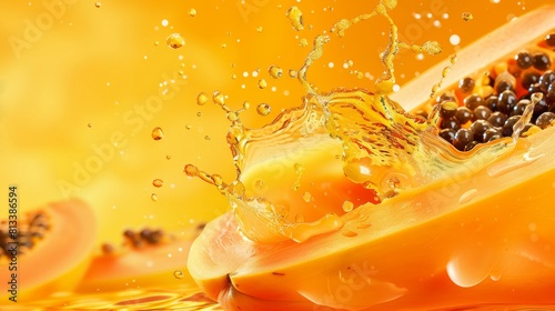 Close-up image capturing the dynamic splash of juice with a ripe papaya and seeds flying, showcasing a refreshing and vibrant atmosphere photo