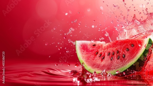 Vibrant red background emphasizes the freshness of the watermelon slice causing a dynamic splash in water, depicting summer vibes