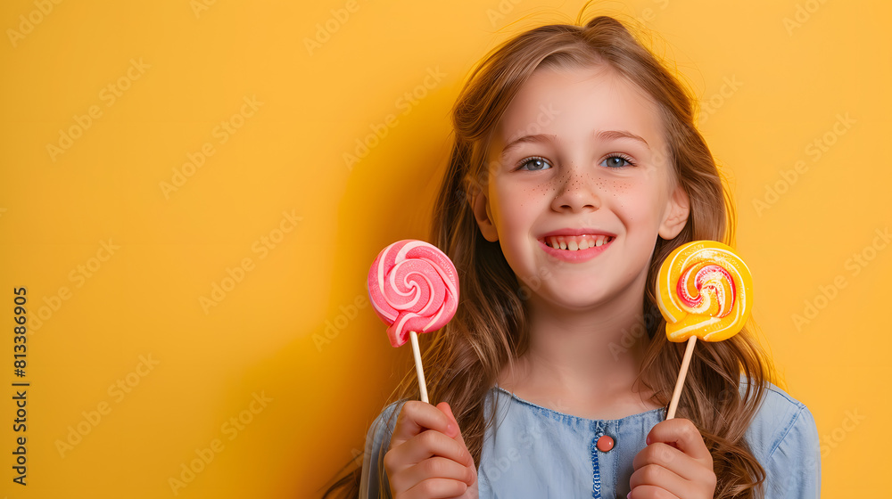 Happy young girl with long hair in a blue dress holding two colorful lollipops against a bright yellow background. Happy young girl with long hair in a blue dress holding two colorful lollipops against a bright yellow background.