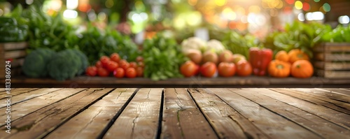 Wooden pedestal set in organic supermarket store, with blurred backdrop of assorted vegetables and fruits, providing an appealing setting for highlighting healthy and vegetarian items