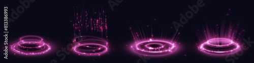 Pink hologram portals set isolated on black background. Vector realistic illustration of round light teleports with glowing mist and shimmering particles, scifi game podiums, futuristic laser rings