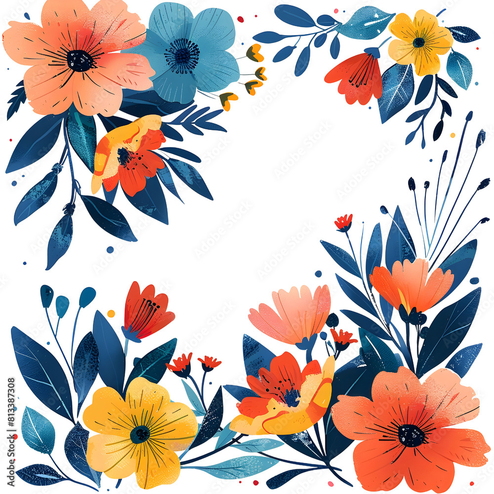 Vibrant Floral Frame with Stylized Petals and Botanical Elements in Pastel Colors