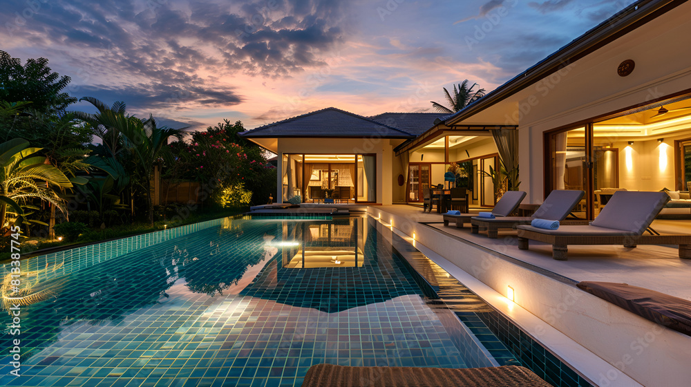 Fototapeta premium 3D rendering of an impressive contemporary villa with garden and pool at dusk,Interior and exterior design of pool villa which features living area, greenery garden, pavilion 