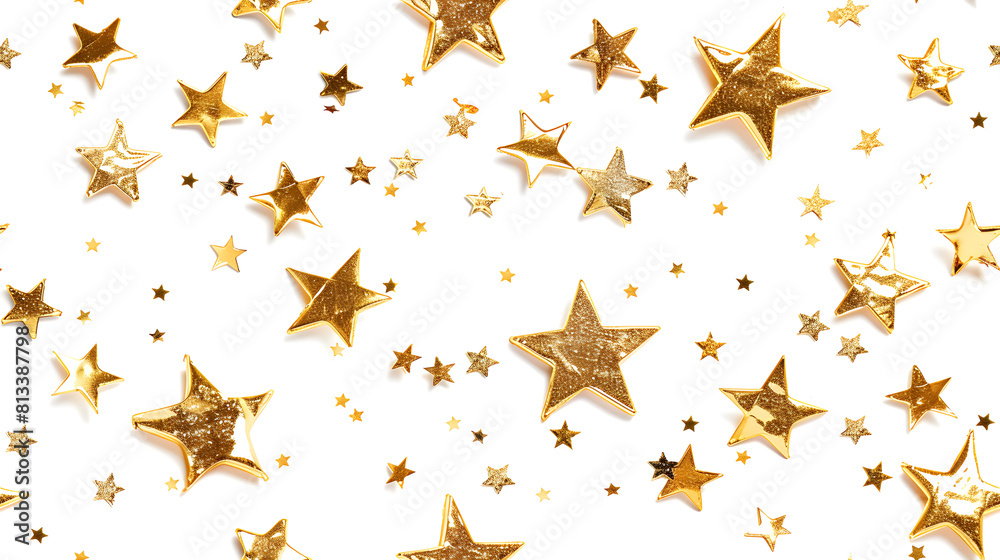 A delightful array of golden stars confetti scattered on a white background, ideal for festive and celebratory designs. seamless paTTERN A delightful array of golden stars confetti scattered on a white background, ideal for festive and celebratory designs. seamless paTTERN