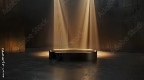 Elegant golden podium illuminated by dual spotlights in a dark room, perfect for sophisticated product displays