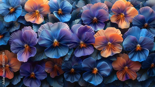 An artistic rendering of pansies  with a painterly style and a focus on the delicate details of the flowers