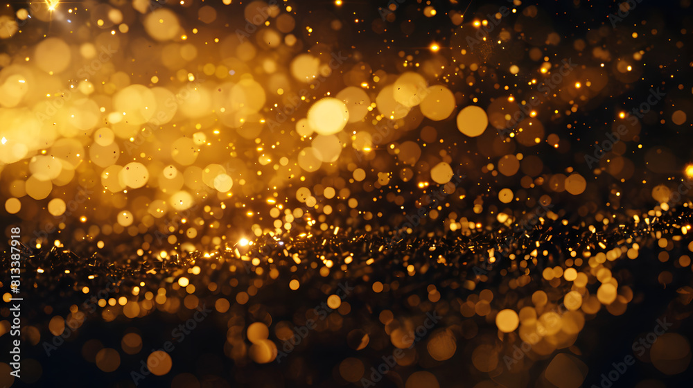 Beautiful golden sparkles and bokeh lights on a dark background, creating a festive and elegant design.