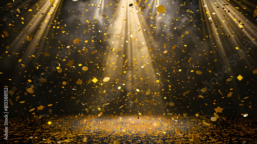 Festive scene with golden confetti falling under bright spotlights with a smoky background, creating a celebratory and glamorous atmosphere. photo