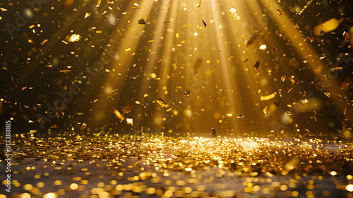 Festive scene with golden confetti falling under bright spotlights, creating a celebratory and glamorous atmosphere photo
