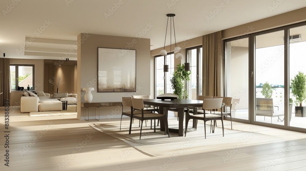 Modern interior design of apartment, dining room with table and chairs, empty living room Modern interior design of apartment, dining room with table and chairs, empty living room