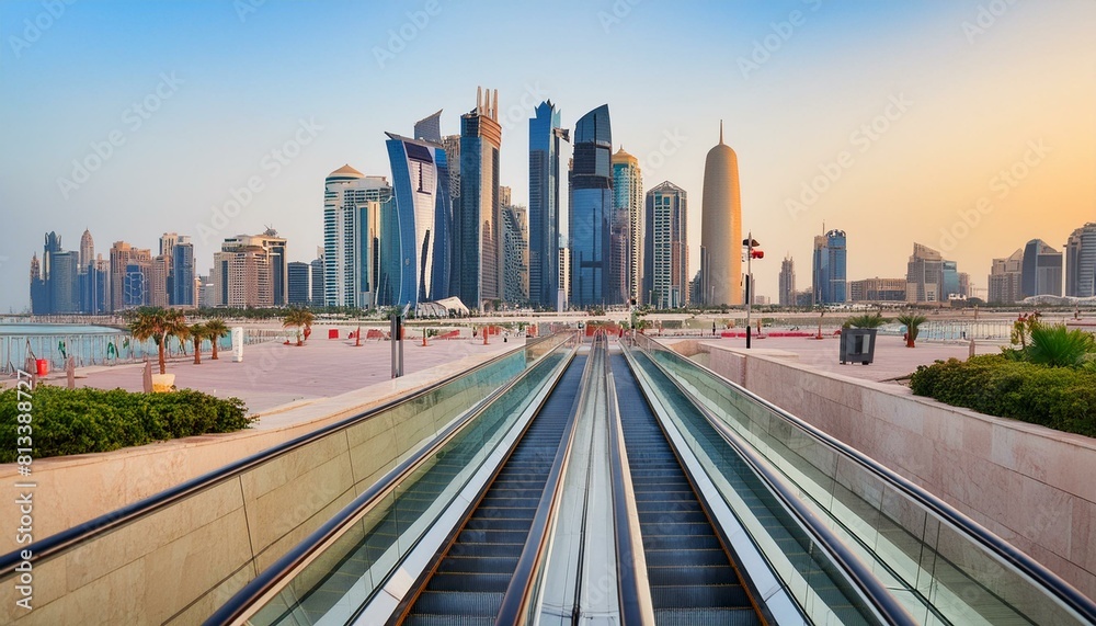 city skyline at sunset, escalator in the airport, beach pier, subway station, people walking on the pier, moving escalator in the airport, escalator in Doha’s Hamad International Airport.