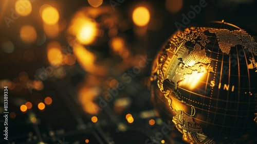 A detailed globe focusing on Africa and Europe is set against a background of glowing bokeh lights, creating an atmospheric and warm ambiance photo