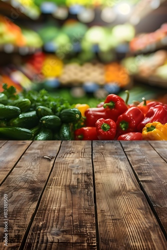 Organic market store scene with empty wooden pedestal against blurred backdrop of assorted vegetables and fruits, highlighting healthy and vegetarian product offerings