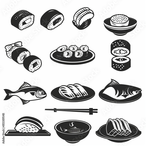  set of black vector icons, iconography for fish steak restaurant with sashimi and fresh salmon fillet on white background
