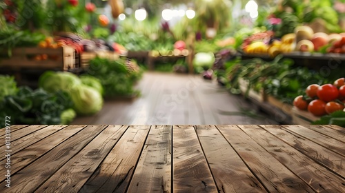 Organic market store scene with empty wooden pedestal against blurred backdrop of assorted vegetables and fruits, highlighting healthy and vegetarian product offerings