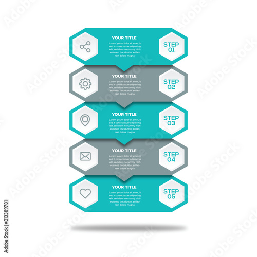Concept of arrow business model with 5 steps. Five colorful graphic elements vector design.