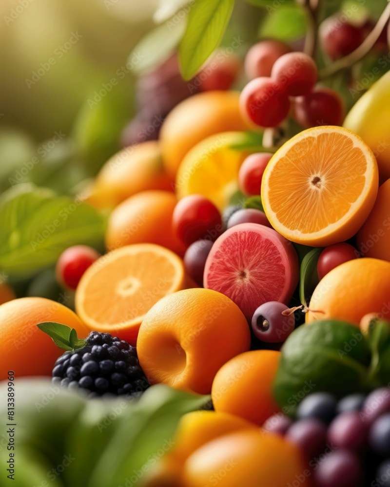 A bunch of different fruits including one that has the word on it A bunch of different fruits including one that has the word on it