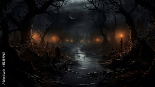 Halloween in a dark forest. full moon  feary light  trees  and dark mist in the Halloween season.