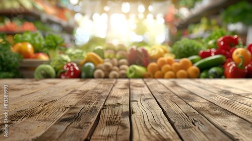 Organic market store scene with empty wooden pedestal against blurred backdrop of assorted vegetables and fruits, highlighting healthy and vegetarian product offerings