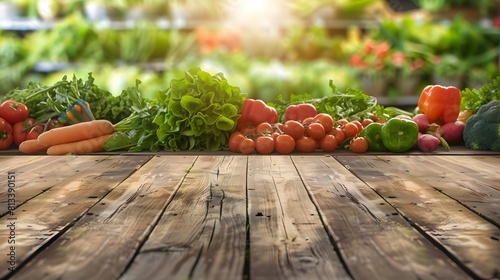 Organic market store scene with empty wooden pedestal against blurred backdrop of assorted vegetables and fruits, highlighting healthy and vegetarian product offerings