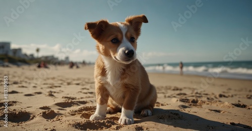 Immerse yourself in the sheer joy of a puppy's beachside bliss, as it luxuriates on the warm sand under the gentle kiss of the sun, embodying the carefree spirit of a perfect day by the shore.