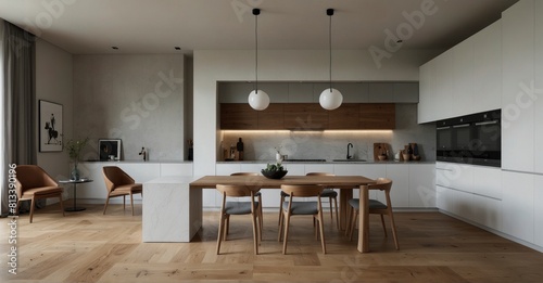 A chic home flaunts a modern kitchen, sleek dining table, wooden touches, and a parquet floor, all against a minimalist backdrop of white and gray
