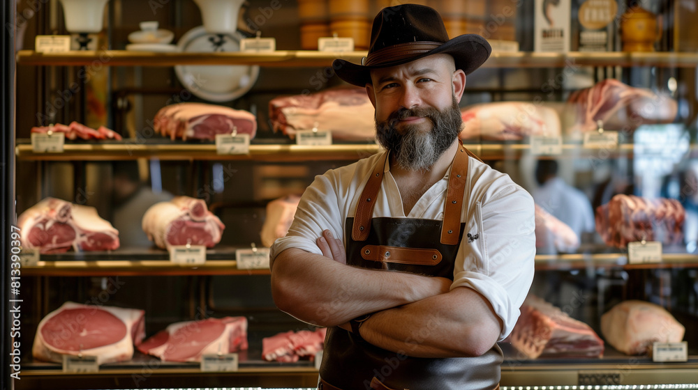 Friendly butcher stands confidently at meat counter, arms crossed, flashing warm smile. Dressed in pristine white apron, exuding professionalism. Display case showcases succulent raw steaks Friendly butcher stands confidently at meat counter, arms crossed, flashing warm smile. Dressed in pristine white apron, exuding professionalism. Display case showcases succulent raw steaks