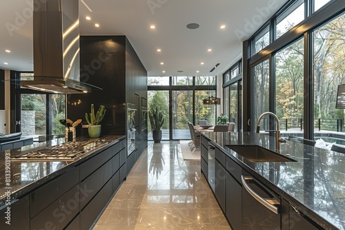 An open minimalist kitchen combined with dining showcasing the integrated refrigerator and built-in oven with dark marble accents. Soft lighting from large windows. tawassul