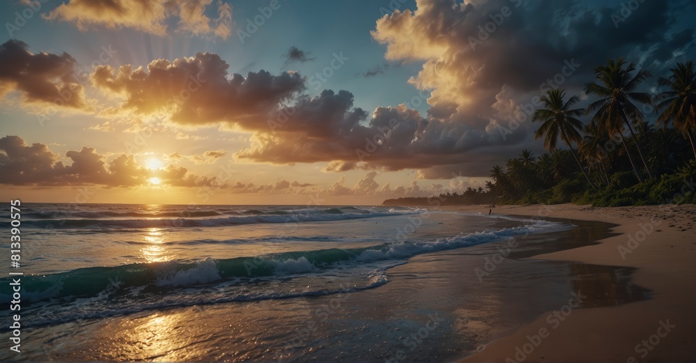 Escape to a tropical oasis with this beach view, featuring foam waves and palm trees against a sunset sky with dark blue clouds, setting the scene for a perfect summer getaway