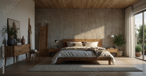 Dive into modern simplicity with this bedroom's Scandinavian loft design, featuring a rustic wooden bed against a white wall, creating a peaceful atmosphere with room for personal touches