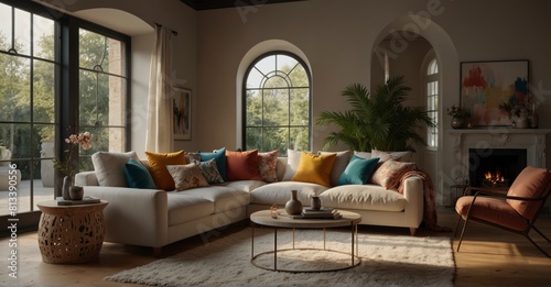  Embrace comfort and style in this chic living room, where a corner sofa with pillows sits against an arched window, adding a touch of boho ethnic charm to the modern design