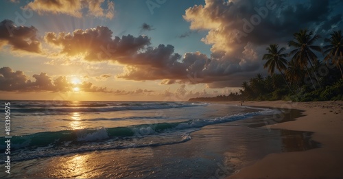 Escape to a tropical oasis with this beach view, featuring foam waves and palm trees against a sunset sky with dark blue clouds, setting the scene for a perfect summer getaway