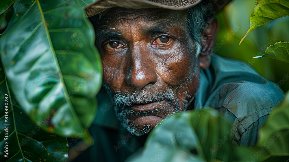 Worker male on the tea plantation, harvesting leaves Worker male on the tea plantation, harvesting leaves
