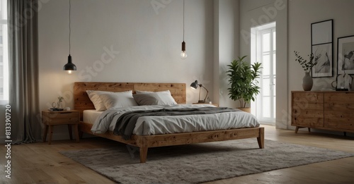 Get cozy in this modern bedroom with a rustic wooden bed against a white wall  embodying Scandinavian loft style with plenty of copy space for a minimalist look