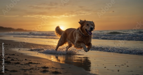 High-detail Golden retriever joyfully sprinting towards the camera on a beach at sunset