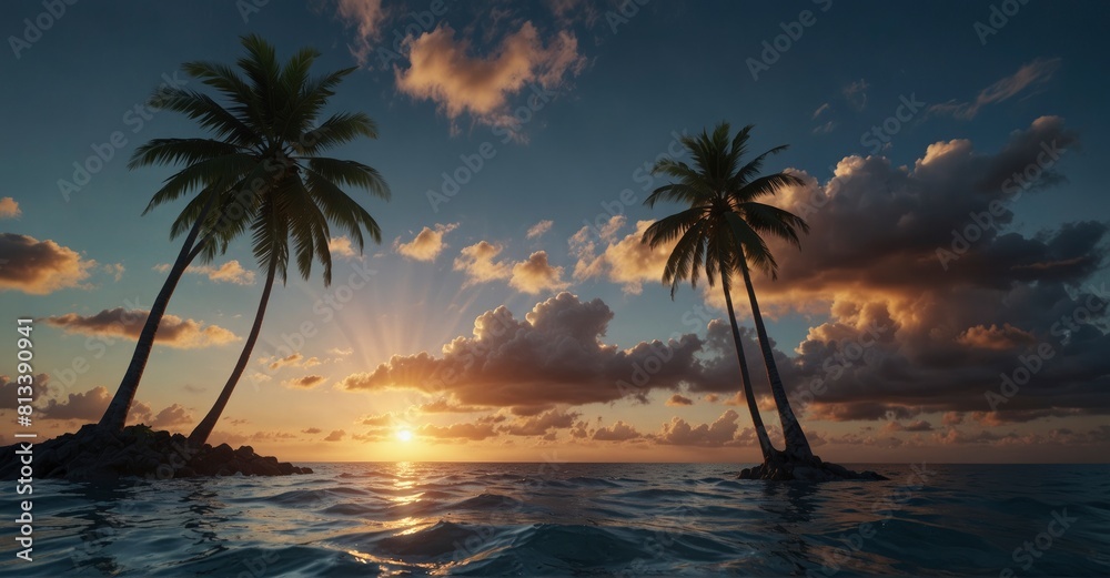 Immerse yourself in the beauty of this tropical seascape, complete with foamy waves, palm trees, and a sunset sky with dark blue clouds, offering the ultimate summer backdrop