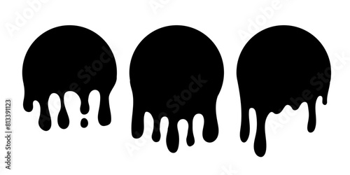 Paint drip circle labels. Black paint liquid. Ink drop set. Black inkblot.