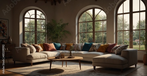 Unwind in this contemporary living space with a corner sofa adorned with pillows  set against an arched window  capturing the essence of boho ethnic style in modern interior design