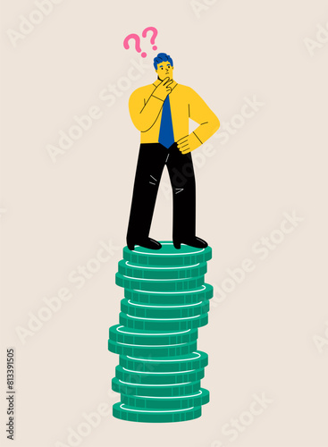 Business man stand on pile of money coin. Financial choice or alternative to make decision. Flat vector illustration isolated on white background