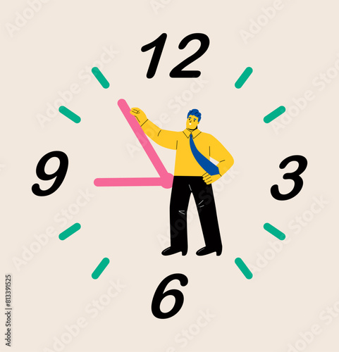 Business man try to stop time, time concept. Flat vector illustration isolated on white background