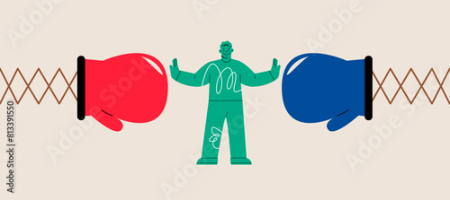 Man stand in the middle to stop conflicted. Conflict management concept. Colorful vector illustration