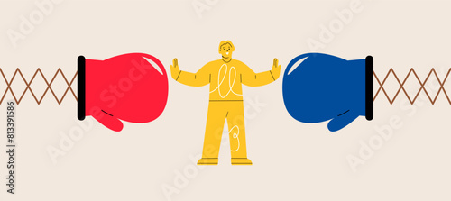 Woman stand in the middle to stop conflicted. Conflict management concept. Colorful vector illustration