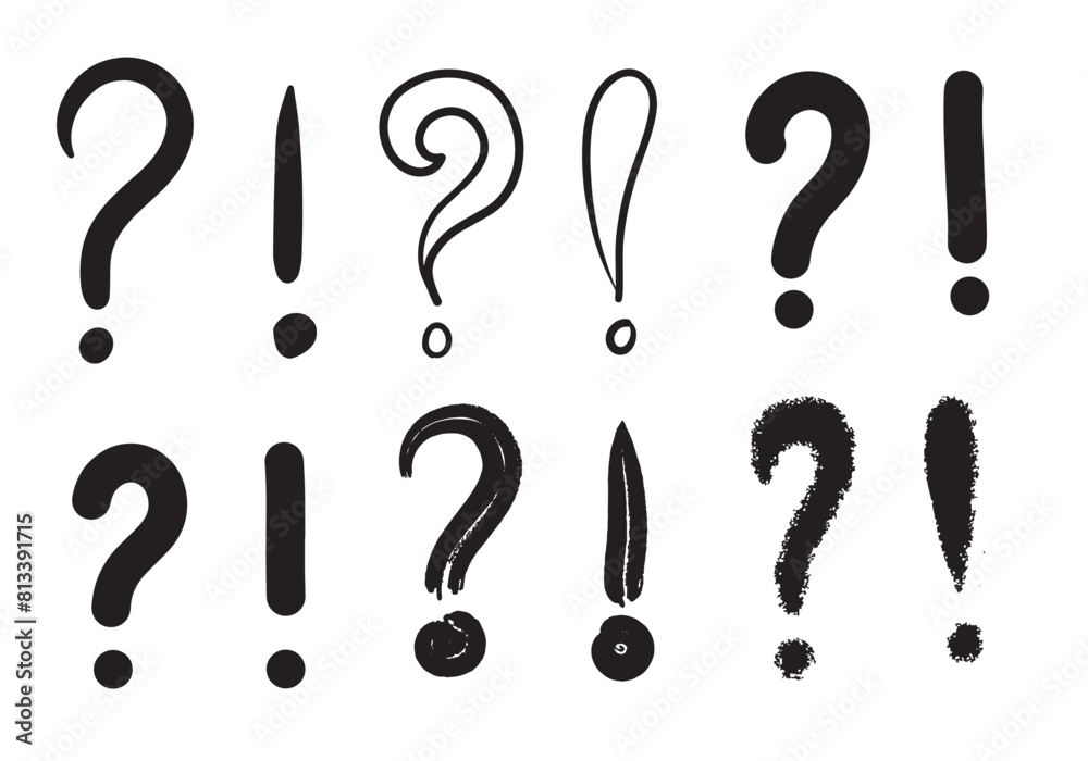 Image of question mark and exclamation mark icon in doodle style on white background.