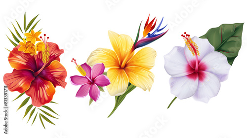 Set of assorted tropical flowers including hibiscus, frangipani, and bird of paradise, isolated on transparent background