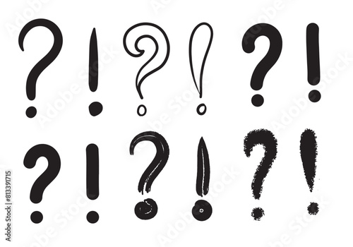 Image of question mark and exclamation mark icon in doodle style on white background.