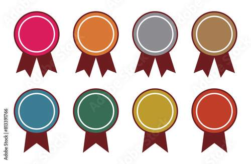 Award ribbon badge. Set of ribbon and banner different color. Medal icon. Set of colored badges, labels, awards in flat design. Achievement label winner prize competition. Vector illustration.