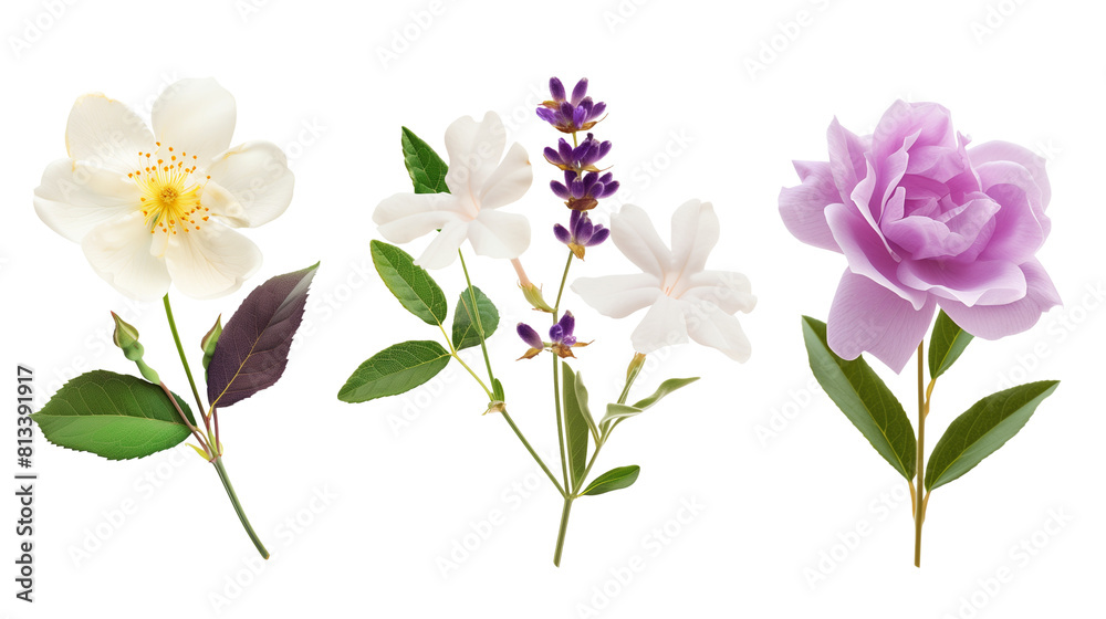 Set of aromatic flowers including lavender, jasmine, and rose, isolated on transparent background Set of aromatic flowers including lavender, jasmine, and rose, isolated on transparent background