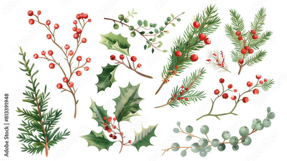 Set of winter floral elements including holly berries, mistletoe, and evergreen branches, isolated on transparent background Set of winter floral elements including holly berries, mistletoe, and evergreen branches, isolated on transparent background